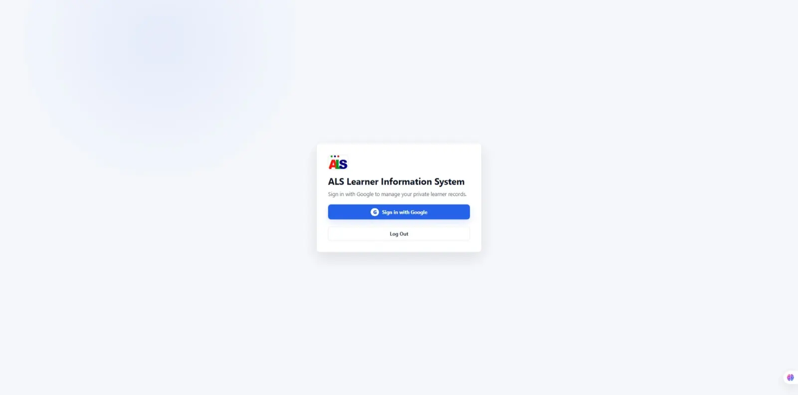 ALS Learner Information System sign-in screen with Google authentication card