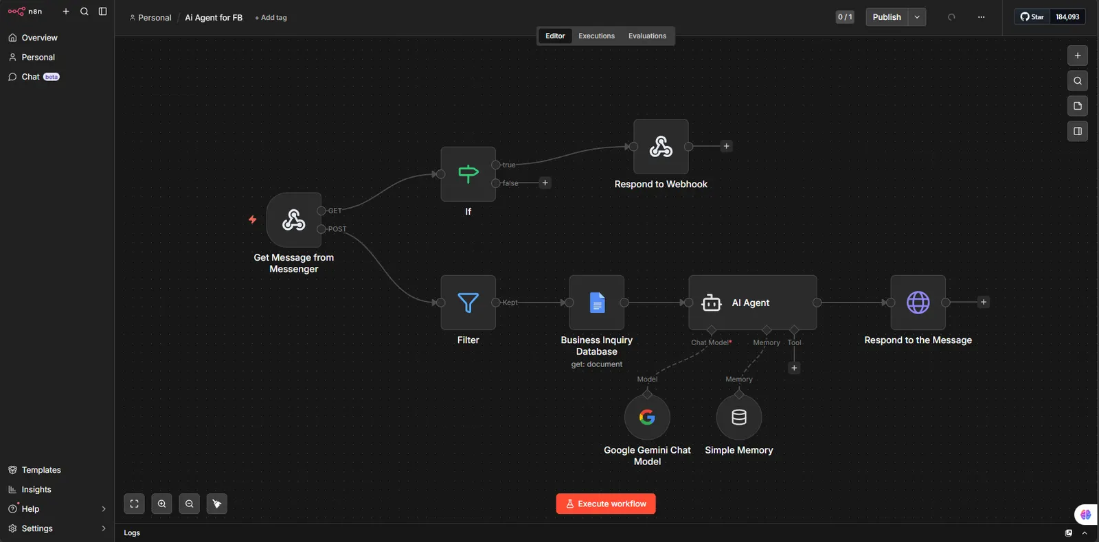 n8n AI customer support workflow for Messenger with filter, business inquiry database, Gemini chat model, memory, and response steps