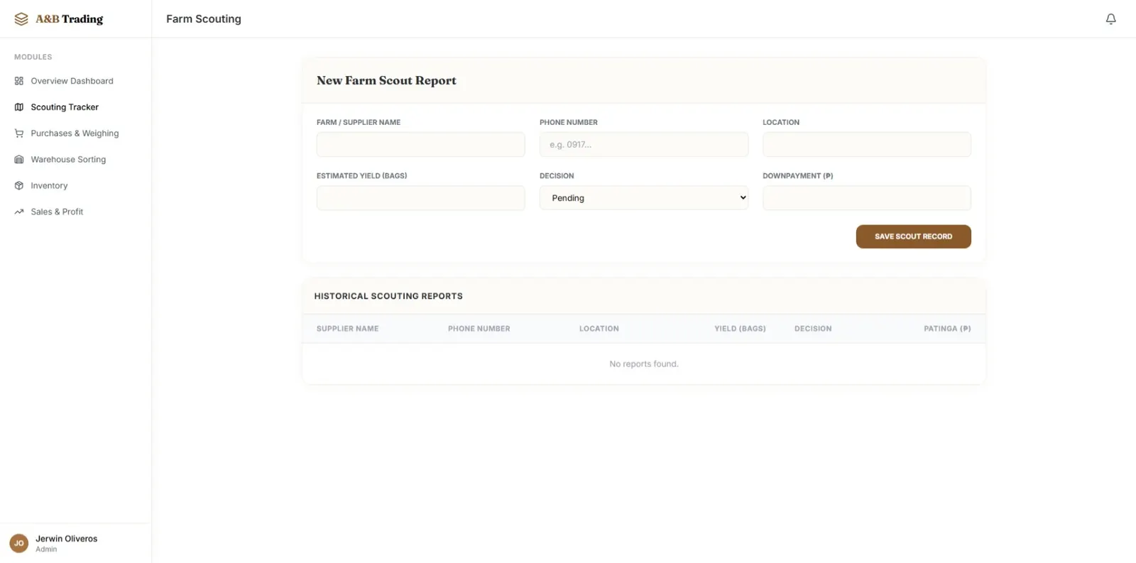 A&B Trading farm scouting form with supplier, phone, location, yield, decision, and downpayment fields