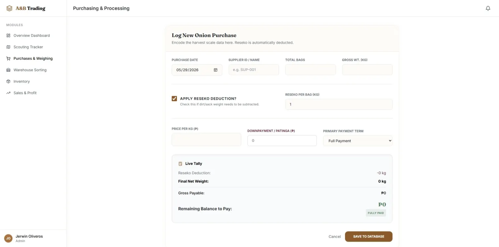 A&B Trading purchasing and processing form with onion purchase inputs and live tally