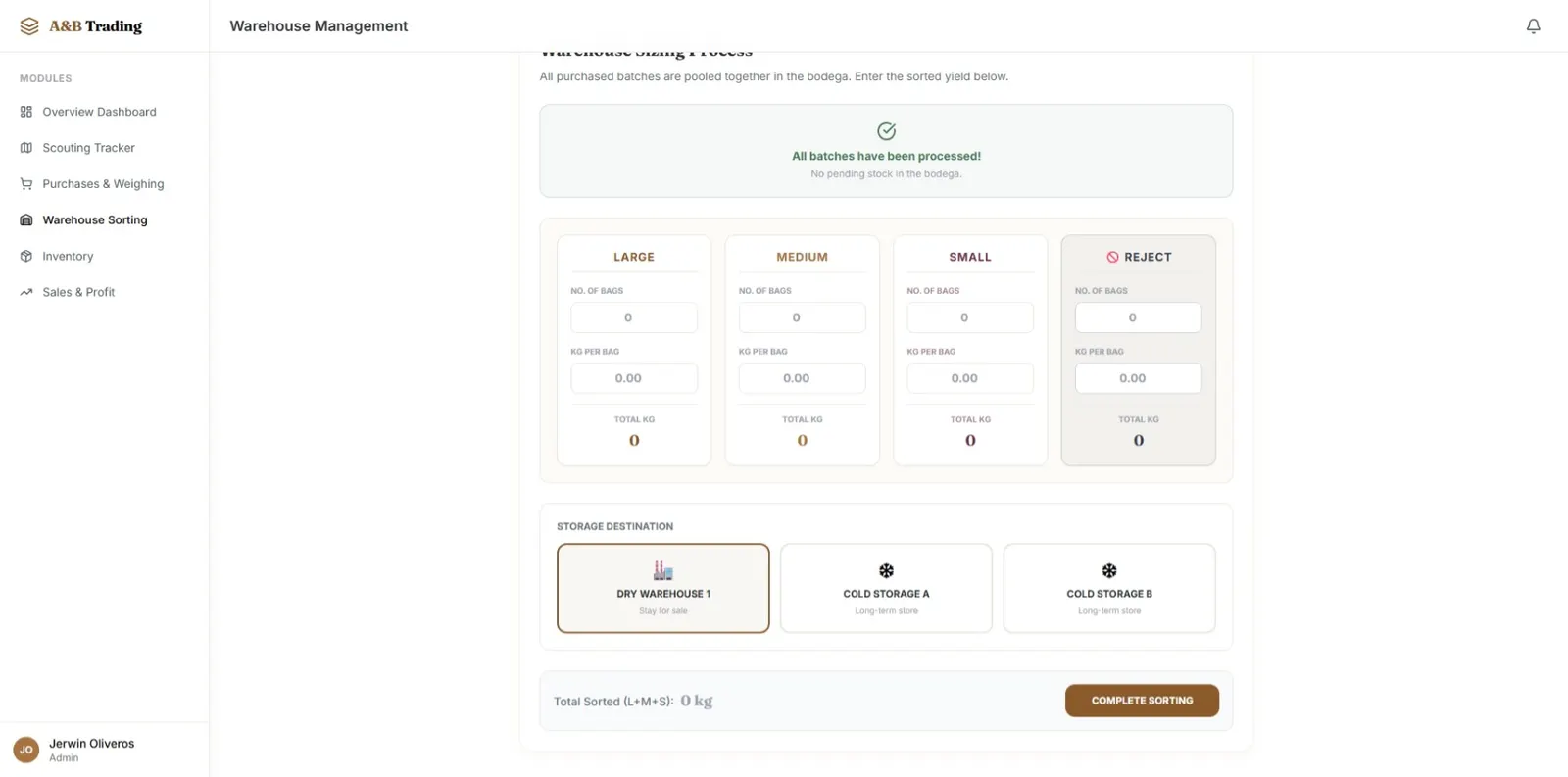 A&B Trading warehouse sorting screen with size categories and storage destination selection