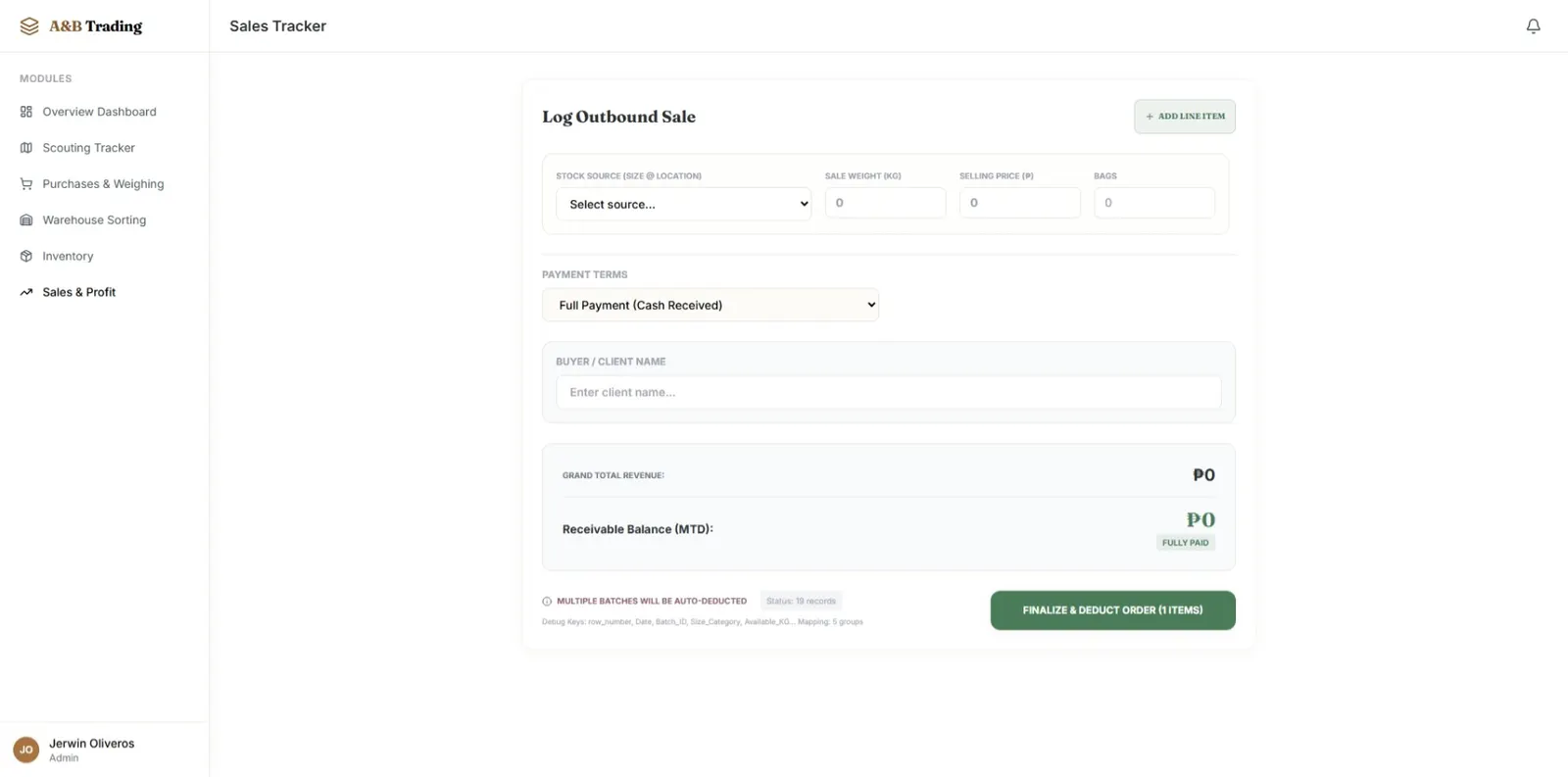 A&B Trading sales tracker screen with outbound sale fields, payment terms, and receivable balance