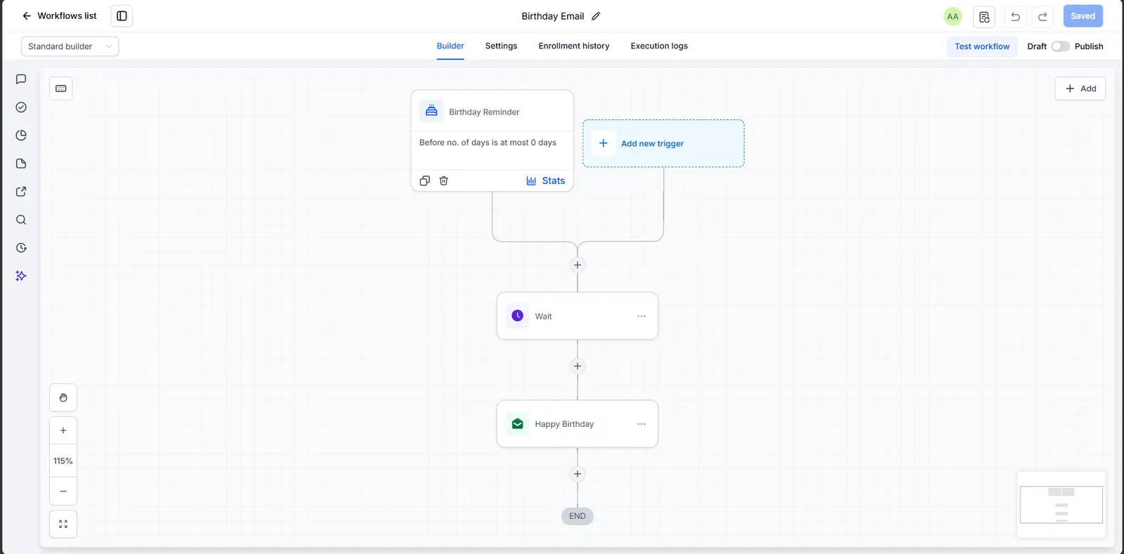 Automated birthday email workflow screenshot