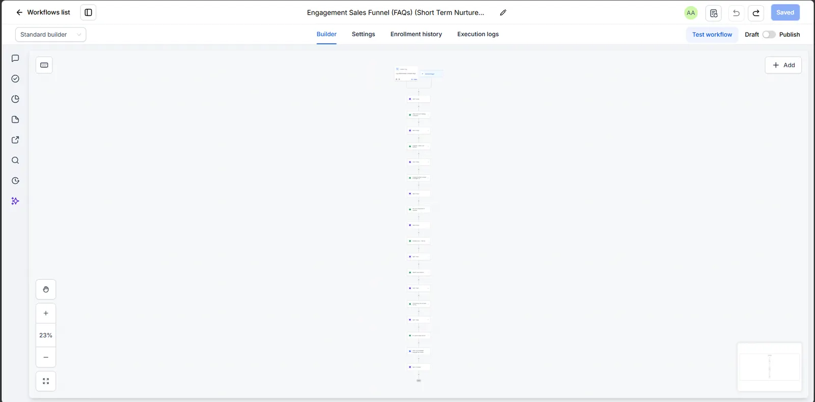 FAQ engagement funnel and short-term nurture workflow screenshot