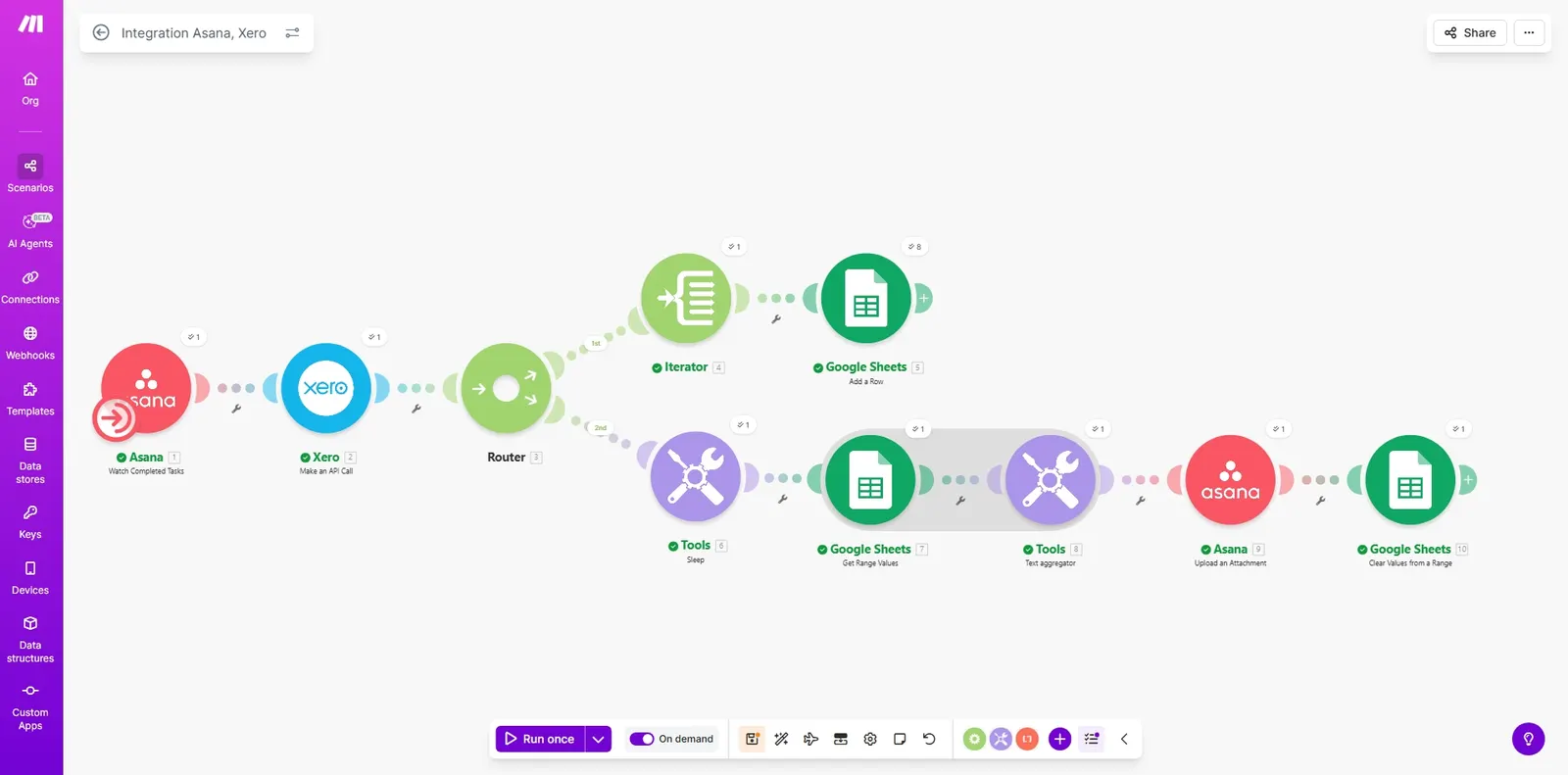Make integration between Asana, Xero, and Google Sheets screenshot