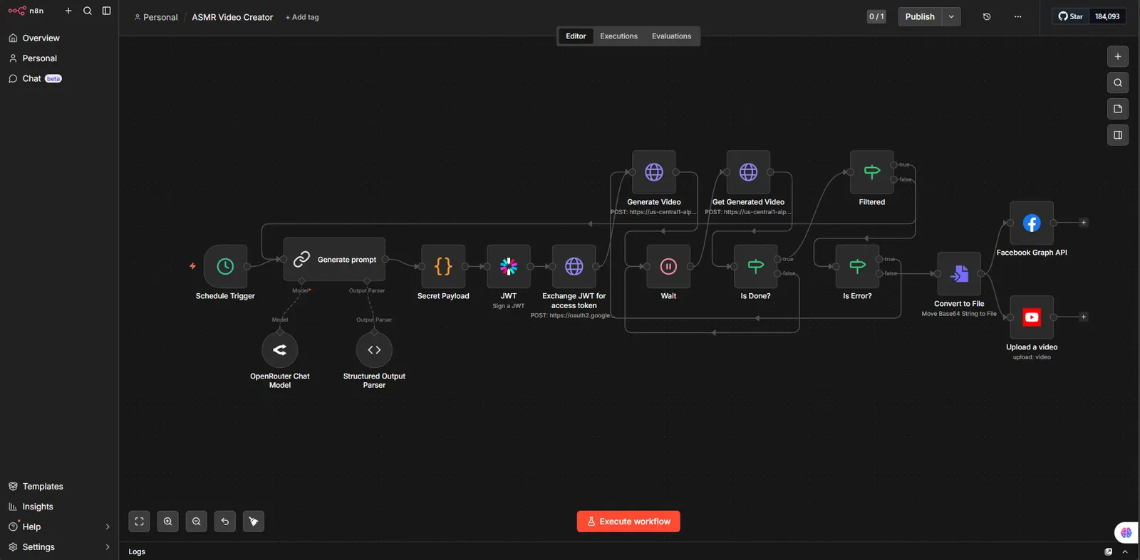 n8n automated video workflow with scheduled prompt generation, JWT authentication, status polling, error handling, and uploads to Facebook and YouTube