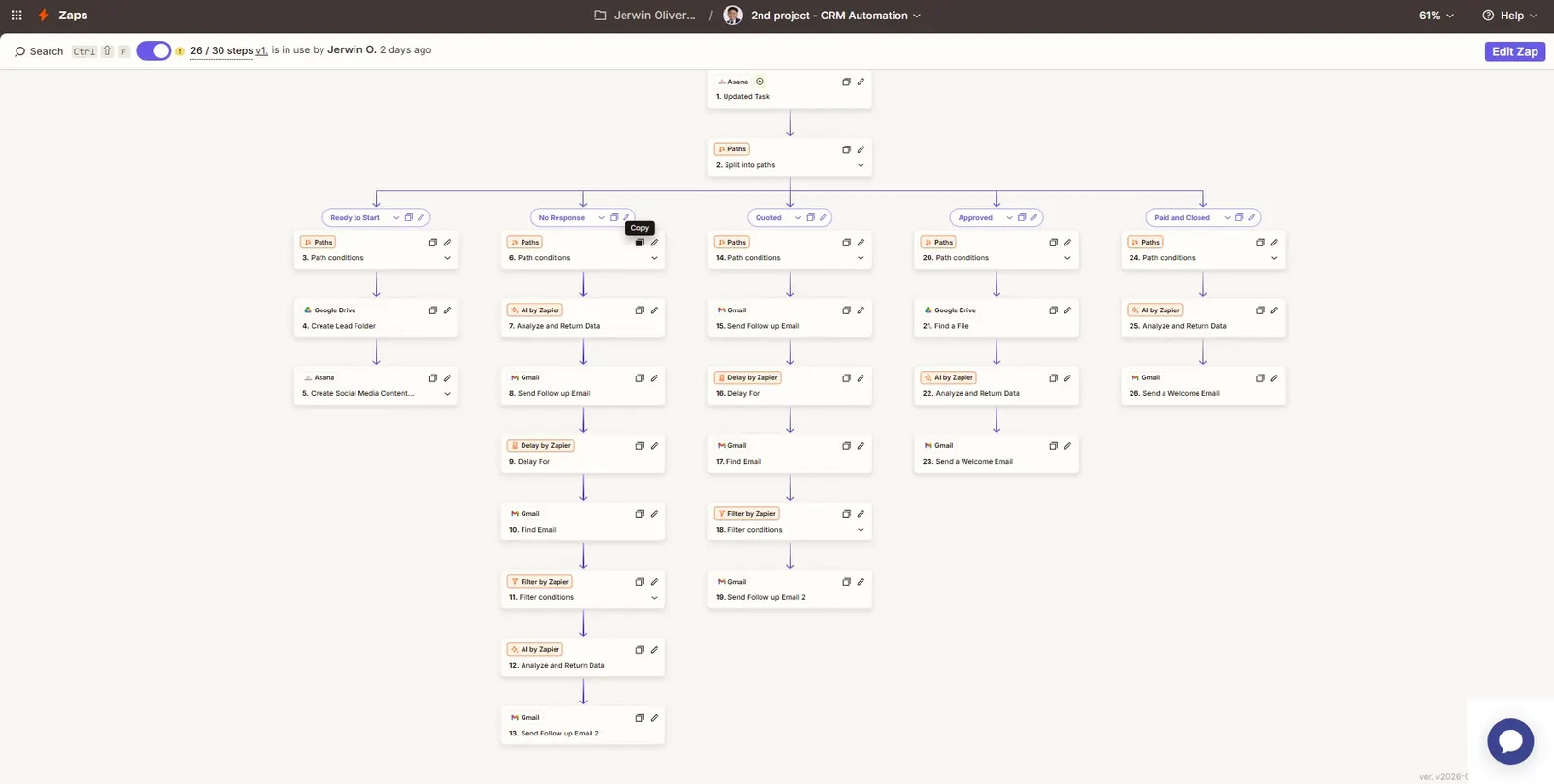 Zapier CRM automation with lead routing and follow-up branches screenshot