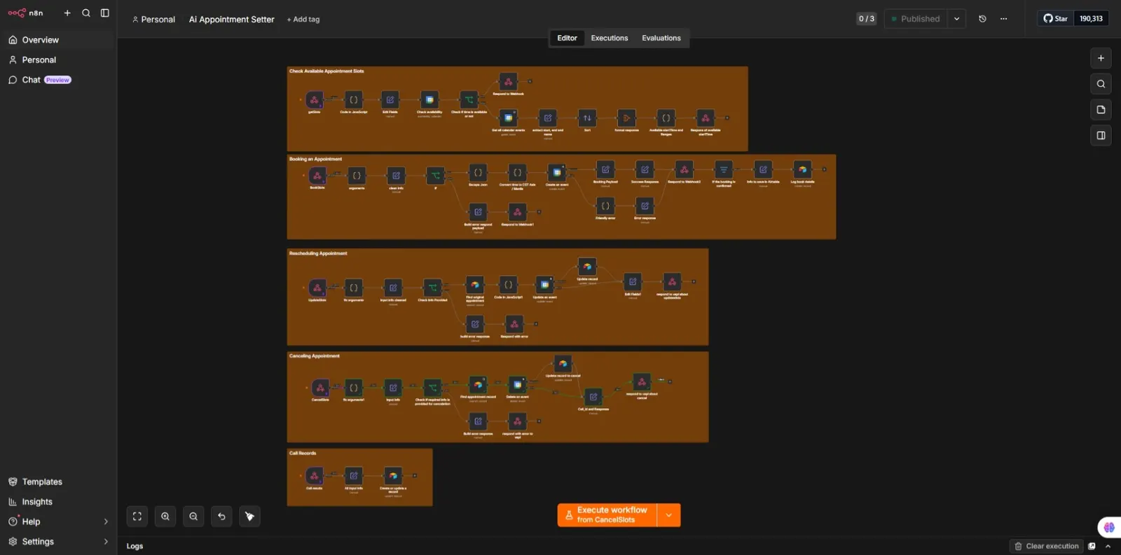 n8n AI appointment setter workflow showing availability checks, booking, rescheduling, cancellation, and call record branches