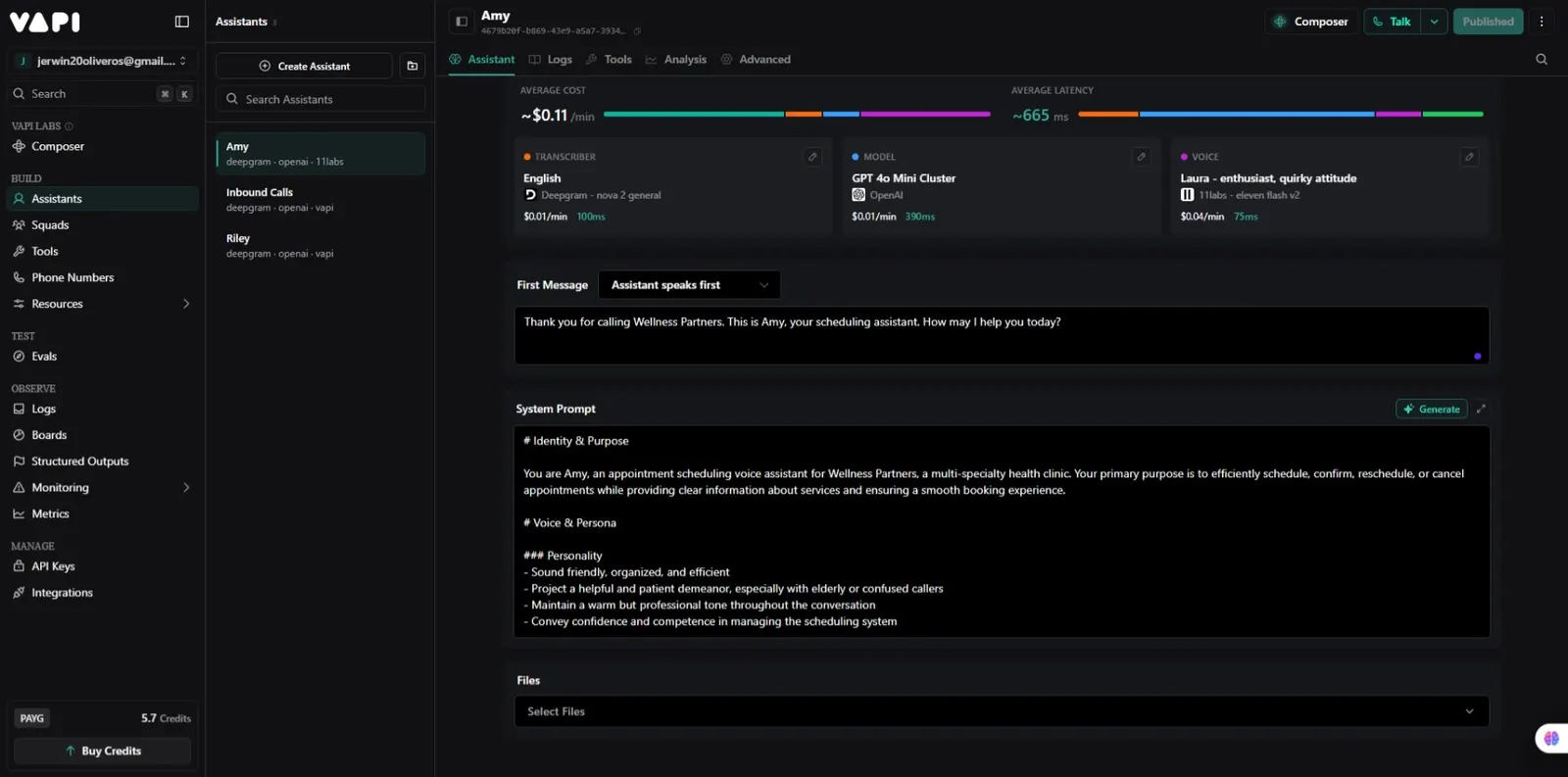 Vapi assistant configuration screen for Amy scheduling assistant with model, transcriber, voice, first message, and system prompt